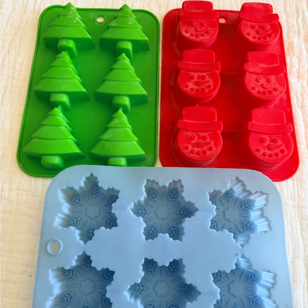 Holiday Silicone Molds - Green Trees, Red Snowmen, Blue Snowflakes